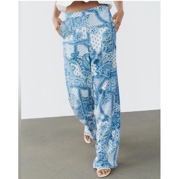 Zara high‎ Waisted Blue White Paisley Patch Look Wide Leg Trouser Pants Size M - Picture 3 of 16